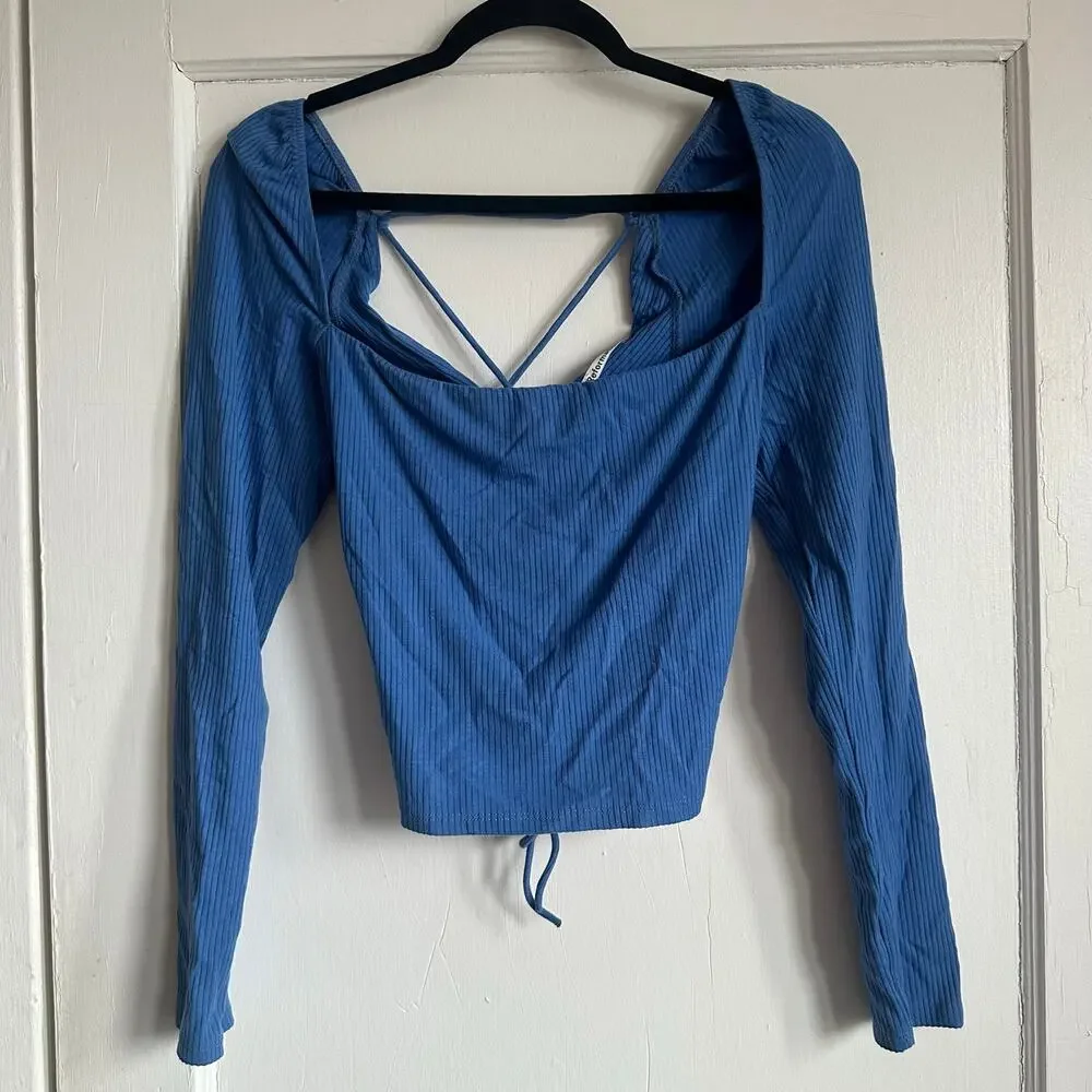 Reformation Chrissy Laced Back Knit Top Dusk Blue XL